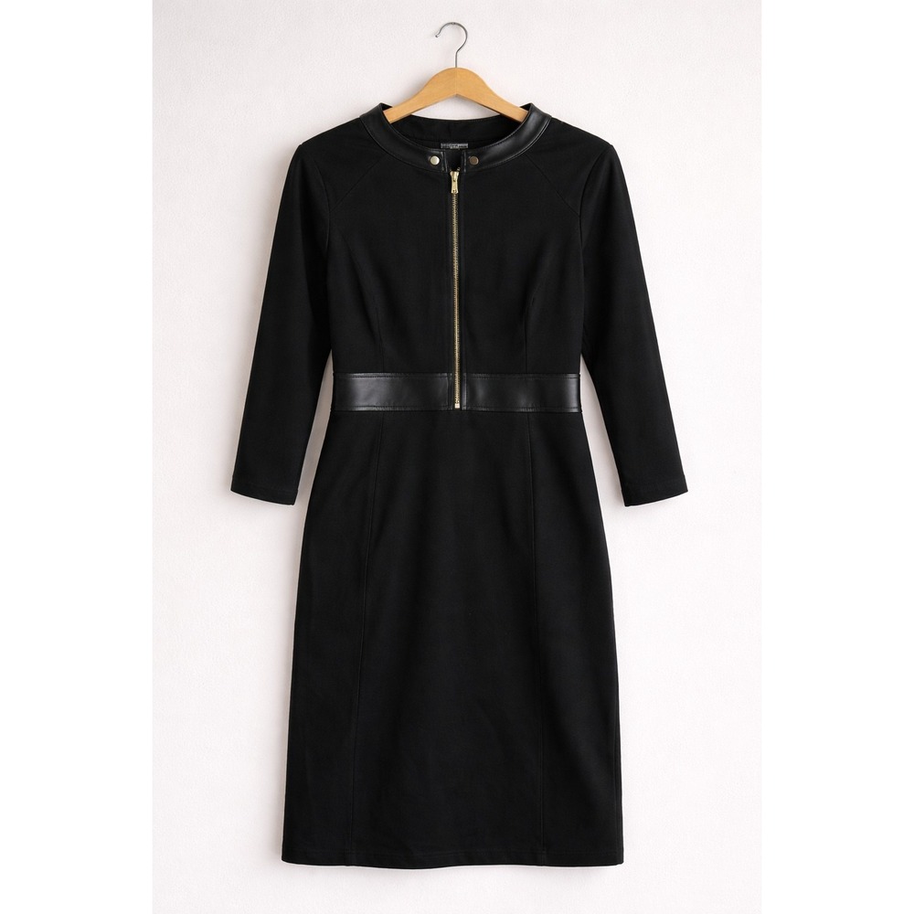 Ellen Tracy Dress L Black Sheath Faux Leather Trim Zip Front Work Office Cocktai